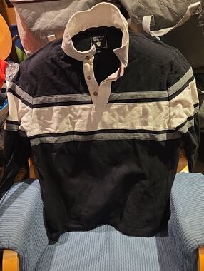 Hudson North Black & White Striped Rugby-Style Button Down Shirt